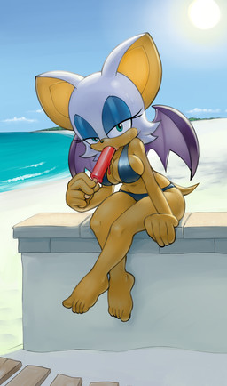 5_fingers 5_toes anthro barefoot bat_wings beach bikini black_nose bodily_fluids breasts cleavage clothed clothing cloud day detailed_background eating eating_food eyelashes eyeshadow feet female fingers food food_fetish green_eyes half-closed_eyes holding_food holding_object holding_popsicle licking_popsicle lidded_eyes looking_at_viewer makeup membrane_(anatomy) membranous_wings midriff narrowed_eyes navel orange_body outside popsicle popsicle_melting sand seaside short_tail sitting sky solo suggestive suggestive_food sun sweat sweatdrop swimwear tail tan_body tan_skin toes two-piece_swimsuit water wide_hips wings mario-grant sega sonic_the_hedgehog_(series) rouge_the_bat bat mammal 2022 absurd_res digital_media_(artwork) full-length_portrait hi_res portrait