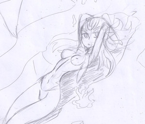 arms_above_head breasts coral_reef facial_markings female fin forehead_markings genitals hair head_markings long_hair looking_at_viewer markings medium_breasts monster_girl_(genre) navel nude nude_female partially_submerged pointy_ears slim solo vulva water heavy147 blue_submarine_no._6 mutio animal_humanoid anthozoan aquatic aquatic_humanoid cnidarian coral fish fish_humanoid humanoid nereid sketch