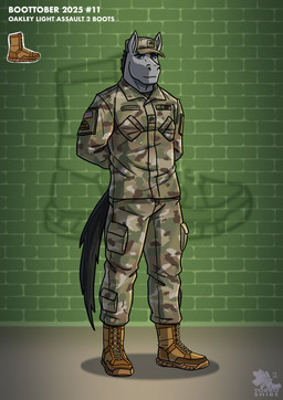 anthro arms_behind army army_clothing army_hat army_outfit army_uniform blue_eyes boots bottomwear brick brick_background brick_wall brown_boots brown_clothing brown_footwear camo camo_bottomwear camo_clothing camo_jacket camo_pants camo_print camo_shirt camo_topwear clothing combat_boots footwear fur green_bottomwear green_clothing green_hat green_headwear green_jacket green_pants green_shirt green_topwear grey_body grey_fur hands_behind_back hat headgear headwear jacket looking_at_viewer male manly military military_cap military_clothing military_hat military_jacket military_pants military_uniform muscular muscular_anthro muscular_male pants pattern_bottomwear pattern_clothing pattern_pants pattern_shirt pattern_topwear shadow shirt shoes soldier solo standing tail topwear uniform wall_(structure) warrior torrosketch equid equine horse mammal hi_res