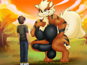 anthro balls big_balls big_breasts black_breasts black_penis blush bottomwear breasts chest_tuft clothed clothed/nude clothed_male clothing crouching denim denim_bottomwear denim_clothing dialogue duo erection genitals green_eyes gynomorph hand_on_breast hanging_breasts huge_breasts humanoid_genitalia humanoid_penis imminent_sex intersex interspecies jeans larger_gynomorph larger_intersex male neck_tuft nipples nude nude_gynomorph nude_intersex orange_body pants penis pokephilia shirt size_difference smaller_male smile smirk striped_body stripes sunset text topwear tuft dracojeff nintendo pokemon arcanine canid canine generation_1_pokemon human mammal pokemon_(species) 4:3 english_text