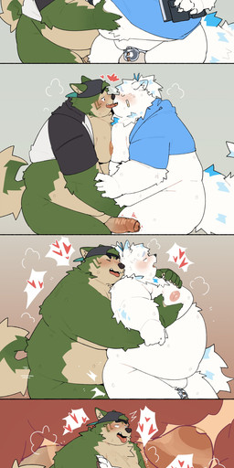 4_fingers 4_toes anal anal_penetration anthro anthro_on_anthro anthro_penetrated anthro_penetrating anthro_penetrating_anthro backwards_hat balls belly belly_grab big_belly big_moobs black_nose blockage_(layout) blue_body blue_clothing blue_fur blue_markings blue_shirt blue_topwear bodily_fluids bodyguard_position bottomless bottomless_anthro bottomless_male brown_pawpads butt chastity_cage chastity_device cheek_tuft chest_tuft clothed clothing cum duo erection eye_roll eyes_closed facial_tuft feet fingers fluffy fluffy_tail foreskin four_frame_image french_kissing from_behind_position frown fur genital_fluids genitals glans glistening glistening_nipples green_body green_fur green_tail grey_background hand_on_belly happy hat hat_only headgear headgear_only headwear headwear_only heart_symbol holding_leg huge_belly humanoid_genitalia humanoid_penis inner_ear_fluff internal internal_anal inverted_nipples jacket jacket_vest kemono kissing kneeling leg_glider_position looking_pleasured looking_up lying male male/male male_penetrated male_penetrating male_penetrating_male markings moob_grab moob_squish moobs mostly_nude multicolored_body multicolored_clothing multicolored_fur multicolored_penis multicolored_shirt multicolored_topwear narrowed_eyes navel nipples nude on_side one_leg_up open_mouth overweight overweight_anthro overweight_male partially_retracted_foreskin pawpads penetration penile penile_penetration penis penis_in_ass pink_foreskin pink_glans pink_nipples raised_leg red_background rough_sex sex shirt silver_chasty_cage simple_background smile snout standing standing_sex sweat sweatdrop sweaty_belly sweaty_body sweaty_butt sweaty_face sweaty_legs sweaty_thighs tail tan_body tan_fur tan_inner_ear_fluff tan_penis tan_tail thick_thighs toes tongue tongue_out topwear tuft two_tone_body two_tone_clothing two_tone_fur two_tone_penis two_tone_shirt two_tone_tail two_tone_topwear vest white_body white_fur white_inner_ear_fluff quanjiang lifewonders live_a_hero mokdai yohack canid canine canis domestic_dog mammal 2025 absurd_res colored comic digital_drawing_(artwork) digital_media_(artwork) flat_colors hi_res multiple_scenes