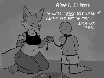 anthro board_game breasts clothed clothing collar dominant dominant_anthro dominant_female duo eyes_closed female humor kneeling larger_anthro larger_female leash male medium_breasts size_difference smaller_human smaller_male submissive submissive_human submissive_male text underwear underwear_only zzx low_detail_friend_(zzx) trisha_fox_(zzx) canid canine fox human mammal 2021 english_text greyscale monochrome