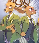 anthro antlers blush blush_lines cheek_tuft clenched_teeth clothing facial_tuft fur grey_background half-closed_eyes horn male narrowed_eyes necktie school_uniform simple_background solo teeth tuft uniform yellow_body yellow_fur heresvix beastars louis_(beastars) deer mammal hi_res