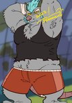 anthro armpit_hair blue_hair body_hair bottomwear clothing fur grey_body grey_fur hair kemono male navel shirt shorts solo topwear doromiez brok_the_investigator cowcat_games dart_(brok_the_investigator) mammal murid murine rat rodent 2023