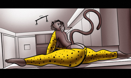 animal_print anthro bedroom_eyes big_butt butt cabinet cheetah_print clothed clothing counter door feet female flexible looking_at_viewer looking_back looking_back_at_viewer narrowed_eyes over_table presenting presenting_hindquarters seductive skimpy solo splits spread_legs spreading tail thick_thighs pokuyuno239 claire_(redustheriotact) haplorhine mammal monkey primate absurd_res digital_media_(artwork) hi_res