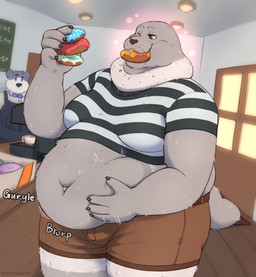 5_fingers anthro bald belly bottomwear bow_tie brown_bottomwear brown_claws brown_clothing brown_eyes brown_nose cafe chubby_cheeks claws clothing container counter crumbs cup dessert detailed_background door doughnut eating eating_food fingers floor food food_fetish food_in_mouth fur grey_body grey_fur hand_on_belly holding_food holding_object looking_aside male navel one_eye_closed onomatopoeia overweight overweight_anthro overweight_male pastry pattern_clothing puffed_cheeks rumbling_stomach shirt short_fur shorts solo sound_effects striped_clothing stripes t-shirt text topwear whiskers wood wood_floor nebulaburr_(artist) nebulaburr_(character) aquatic mammal pinniped ribbon_seal seal 2026 artist_name digital_drawing_(artwork) digital_media_(artwork) hi_res portrait three-quarter_portrait