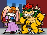 anthro bowser captainquack64 chair claws clothing crossover dress duo female furniture gloves handwear hi_res horn koopa lagomorph leporid male mammal mario_bros nintendo rabbit scalie sega smile sonic_the_hedgehog_(series) table vanilla_the_rabbit