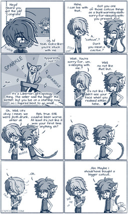 bangs belt bodily_fluids bottomwear cactus chaps chibi clothing dialogue eyewear fingerless_gloves freckled_arms freckled_face freckles gift glasses gloves group handwear inner_ear_fluff jewelry kerchief long_bangs male neckerchief necklace neckwear pants plant plant_pot shirt sleeveless_shirt sound_effects sparkles sweat sweatdrop t-shirt text topwear trio tuft skelpie cody_church jaimie_winters animal_humanoid cactus_creature cat_humanoid elemental_creature felid felid_humanoid feline feline_humanoid flora_fauna human humanoid mammal mammal_humanoid 2024 3:5 blue_and_white comic digital_media_(artwork) english_text hi_res monochrome shaded signature sketch url