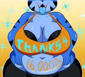 anthro belly belly_squeeze belly_squish big_breasts black_bottomwear black_bra black_clothing black_nose black_pants black_stripes black_underwear blue_body blue_fur blue_tongue bottomwear bra breasts cleavage clothed clothed_anthro clothed_female clothing crop_top fangs female fur navel open_mouth open_smile orange_clothing orange_crop_top orange_shirt orange_topwear overweight overweight_anthro overweight_female pants shirt smile solo squish striped_body striped_fur stripes teeth tongue tongue_out topwear underwear someth1ngoranother azura_(someth1ngoranother) demon domestic_cat felid feline felis mammal hi_res