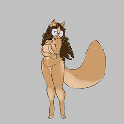 animal_genitalia anthro balls barefoot breasts brown_body brown_fur brown_hair digitigrade eyewear feet fur fusion genitals glasses grey_background gynomorph hair implied_transformation intersex looking_aside navel nipples nude round_glasses sheath simple_background slightly_chubby smile solo standing tail cinnamimi alice_lovage samantha_(cinnamimi) domestic_cat felid feline felis mammal 1:1 2025 digital_media_(artwork) hi_res