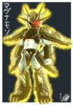 abs anthro armor blue_body glowing glowing_eyes male midriff red_eyes solo text curizzu_1311 bandai_namco digimon digimon_(species) magnamon magnamon_(black) scalie absurd_res hi_res japanese_text