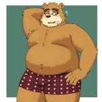 anthro band-aid bandage belly big_belly blush brown_body brown_fur clothing eyewear fur glasses humanoid_hands kemono male moobs one_eye_closed overweight overweight_male solo underwear wink yaki_atsuage lifewonders tokyo_afterschool_summoners volos_(tas) bear mammal 1:1 2023 hi_res