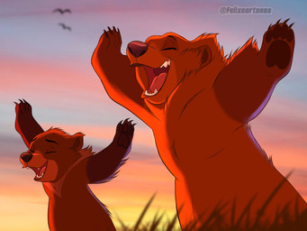 age_difference brown_body brown_claws brown_eyebrows brown_fur brown_nose brown_pawpads claws duo eyebrows eyes_closed fangs feral fur grass happy male outside pawpads paws plant size_difference sky snout teeth toony young young_feral felixcartoons brother_bear disney kenai_(brother_bear) koda_(brother_bear) bear mammal 4:3 colored digital_drawing_(artwork) digital_media_(artwork) hi_res shaded