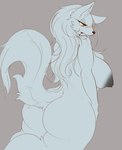 anthro big_breasts big_butt black_nipples breasts butt curvy_figure female fur grey_body grey_fur huge_breasts nipples nude scar simple_background solo tail thick_thighs voluptuous wide_hips yellow_eyes sepiruth velvela canid canine canis mammal wolf 2018 hi_res