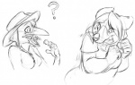 anthro beak blush breasts clothing disgust duo ears_back female hat headgear headwear nom nude pivoted_ears question_mark shirt topwear conditional_dnp sefeiren fys lizanne arthropod avian bird hyena insect lyrebird mammal oscine passerine spotted_hyena monochrome sketch