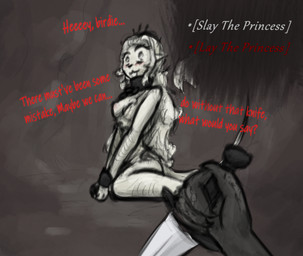 blush breasts chain clothing collar cuff_(restraint) duo exposed_breasts female first_person_view holding_object holding_weapon knife looking_at_viewer male male/female nervous nipples open_mouth princess restraints royalty shackled_neck shackles sitting tail text torn_clothing weapon alexleviafan slay_the_princess the_long_quiet_(slay_the_princess) the_princess_(slay_the_princess) the_witch_(slay_the_princess) animal_humanoid avian felid felid_humanoid feline feline_humanoid humanoid mammal mammal_humanoid digital_media_(artwork) english_text