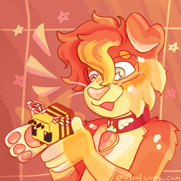 ambiguous_gender anthro biped blue_eyes brown_body brown_fur circle_eyebrows collar collar_tag duo eyebrows eyewear floppy_ears folded_ears fur glasses hair happy looking_at_another male open_mouth open_smile orange_body orange_fur pawpads pink_nose pink_pawpads pupils rectangular_glasses red_collar short_hair smile smiling_at_another snout solo_focus star_pupils wearing_glasses whiskers white_pupils yellow_body yellow_fur capegloam microsoft minecraft mojang xbox_game_studios bee_(minecraft) canid canine canis domestic_dog mammal 1:1 2021 clip_studio_paint_(artwork) digital_drawing_(artwork) digital_media_(artwork) half-length_portrait orange_theme portrait shaded