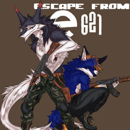 ak-47 ak_platform anthro assault_rifle bare_chest black_body black_bottomwear black_clothing black_fur black_pants blue_body blue_eyes blue_fur blue_tail boots bottomwear camo camo_bottomwear camo_clothing camo_pants camo_print clothed clothing combat_boots dipstick_tail duo footwear fur gun male male/male markings orange_markings pants parody partially_clothed pattern_bottomwear pattern_clothing pattern_pants ranged_weapon red_eyes red_markings rifle shoes tail tail_markings weapon white_body white_fur white_tail white_tail_tip alexen_0 e621 escape_from_tarkov kalashnikov canid canine canis fox hybrid mammal sergal wolf 1:1 absurd_res hi_res