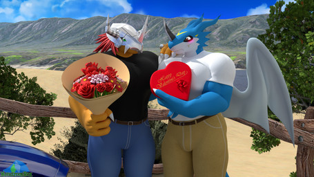 armor beach belt big_muscles big_pecs black_body black_clothing black_shirt black_skin black_t-shirt black_topwear blue_body blue_car blue_skin blue_sky blush bottomwear bouquet box clothing container denim denim_bottomwear denim_clothing duo fence flower flower_bouquet green_eyes hair hand_on_shoulder headgear heart_box helmet holding_bouquet holding_box holding_container holding_flower holding_object holidays jeans male male/male muscular muscular_male orange_body orange_skin outside pants pecs plant red_eyes red_hair rose_(flower) shirt shrub sky smile smiling_at_another smiling_at_partner t-shirt tail tan_bottomwear tan_clothing tan_pants topwear tree white_body white_clothing white_shirt white_skin white_t-shirt white_topwear wings yellow_body yellow_skin albalbalb bandai_namco digimon valentine's_day digimon_(species) exveemon wargreymon 2026 3d_(artwork) digital_media_(artwork) hi_res watermark