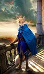 anthro balcony blonde_hair clothed clothing fur hair looking_at_viewer solo yellow_body thewyvernsweaver last_fables brush_(here2express) lord_strike_(last_fables) canid canine canis corsac_fox fox mammal true_fox 2024 absurd_res hi_res