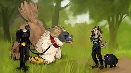 anthro avian_feet beak bodily_fluids bottomwear clothed clothing collar dripping feathers feet feral fingers footwear fur grass holding_leash holding_object humor leash male outside pants park plant saliva saliva_drip shirt shoes size_difference smile square_crossover standing tail tail_feathers talons tank_top toes tongue tongue_out topwear tree torakuta european_mythology greek_mythology mythology pirate_eagle accipitrid accipitriform avian bird canid canine canis domestic_dog eagle gryphon hippogriff hyena mammal mythological_avian mythological_creature philippine_eagle 16:9 digital_media_(artwork) widescreen