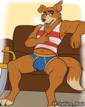 anthro blue_briefs blue_clothing blue_underwear bodily_fluids breath briefs clothing colored_seam_underwear male panting pattern_clothing pattern_shirt pattern_topwear shirt solo striped_clothing striped_shirt striped_topwear stripes sweat tank_top topwear underwear yellow_seam_underwear calico_kai disney ducktales ducktales_(2017) talespin don_karnage canid canine canis mammal wolf absurd_res hi_res