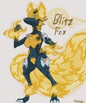 anthro blue_body blue_skin claws digitigrade female fire flaming_ears flaming_tail solo tail yellow_eyes delphixander bakugan blitz_fox_(bakugan) alien canid canine fox generation_2_bakugan mammal absurd_res hi_res