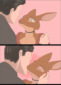 anthro blue_eyes choker duo eyes_closed female jewelry kissing male necklace sparkles tggeko shannon_baker human lagomorph leporid mammal rabbit 2026 comic digital_media_(artwork) hi_res