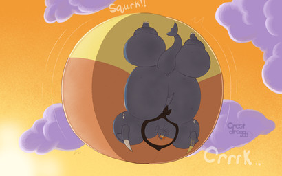belly belly_inflation cloud eyewear glasses hyper hyper_inflation immobile inflation midair onomatopoeia red_eyewear red_glasses shadow snout sound_effects spherical_inflation sunset text crestdraggy nintendo pokemon garchomp generation_4_pokemon pokemon_(species) 2025 hi_res