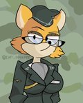 anthro big_breasts breasts camo clothed clothing eyewear female fur glasses hat headgear headwear looking_at_viewer military military_uniform orange_body orange_fur simple_background solo uniform karlometer sek_studio squirrel_and_hedgehog lt._fox_vixen canid canine fox mammal 4:5 absurd_res digital_media_(artwork) hi_res