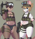 abs ahoge anthro black_bottomwear black_clothing black_hair black_shorts blonde_hair blue_eyes blush bottomwear brown_body brown_fur buckteeth bulge clothing duo femboy fur green_bottomwear green_clothing green_eyes green_hat green_headwear green_pupils green_shorts green_topwear green_vest gun hair hat headgear headwear holding_gun holding_object holding_ranged_weapon holding_weapon hotpants knee_pads looking_at_viewer magazine_(gun) male midriff muscular muscular_anthro muscular_femboy muscular_male pink_inner_ear pupils ranged_weapon shorts smile standing tan_body tan_fur teeth thick_thighs tight_clothing topwear vest weapon white_body white_fur mr-shin marvin_(mr-shin) shin_(mr-shin) mammal mouse murid murine mustelid otter river_otter rodent 2023 hi_res