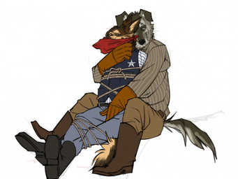 anthro anthro_on_anthro arms_tied bdsm bondage boots bottomwear bound clothed clothed_anthro clothed_male clothing duo elderly_anthro elderly_male eyes_closed footwear fully_clothed fully_clothed_anthro fully_clothed_male fur gag gagged grey_body grey_fur grope groping_crotch kerchief legs_tied male male/male male_anthro muzzle_(object) muzzled outlaw pants restraints rope rope_bondage sheriff sheriff_badge shirt shoes simple_background sitting submissive submissive_anthro submissive_male topwear vest white_background kaltag1925 canid canine canis domestic_dog german_shepherd herding_dog mammal pastoral_dog hi_res