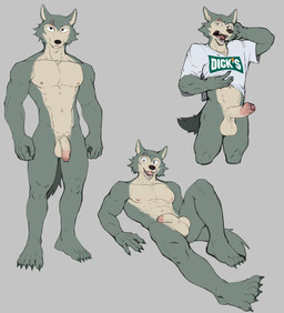 anthro athletic athletic_anthro athletic_male balls bottomless bottomless_male clothed clothing clothing_lift erection eye_scar facial_scar feet flaccid foreskin fur genitals grey_background humanoid_feet humanoid_genitalia humanoid_hands humanoid_penis lying_on_ground male medium_penis nipples nude nude_male on_ground open_mouth penis plantigrade scar shirt shirt_lift simple_background solo standing t-shirt tail topwear jrjresq beastars dick's_sporting_goods legoshi_(beastars) canid canine canis mammal wolf absurd_res digital_drawing_(artwork) digital_media_(artwork) hi_res multiple_images sketch_page