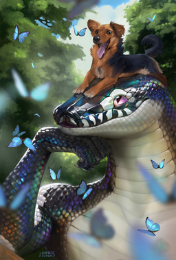 anthro claws duo feral fur lying male on_front open_mouth open_smile plant scales size_difference smile text tree madness_demon synderth arthropod butterfly canid canine canis domestic_dog insect lepidopteran mammal python reptile scalie snake white-lipped_python english_text hi_res