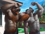 anthro beard bodily_fluids body_hair chest_hair clothed clothing duo facial_hair hairy male muscular splashing_water sweat topless water loculi bat mammal suid suina sus_(pig) wild_boar