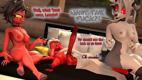 anthro areola balls bed bed_sheet bedding big_penis black_hair breasts covering covering_face covering_self dialogue erection female fur furniture genitals group hair hooves horn huge_penis humanoid_genitalia humanoid_penis looking_at_genitalia looking_at_penis lying male navel nipples nude on_back on_bed penis pillow profanity pubes red_body red_sclera sitting smile spread_legs spreading tail teeth text trio white_body white_fur white_hair sarah_dellen hellaverse helluva_boss mythology loona_(helluva_boss) millie_(helluva_boss) moxxie_(helluva_boss) canid canid_demon canine demon hellhound humanoid imp mammal mythological_canine mythological_creature 16:9 3d_(artwork) digital_media_(artwork) english_text hi_res source_filmmaker_(artwork) widescreen