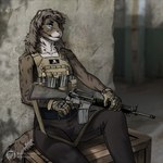 anthro apocalypse clothing eye_patch eyewear female gun hair magazine_(gun) ranged_weapon rifle solo tail topwear vest wall_(structure) weapon techiesxc microsoft the_elder_scrolls captain_salty-fur_(perky) clouded_leopard felid khajiit leopard mammal pantherine 1:1 hi_res