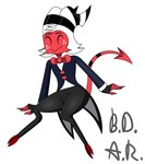 anthro bow_tie clothed clothing freckled_face freckles happy hooves male smile smiley_face solo suit tail b.d.a.r. helluva_boss moxxie_(helluva_boss) humanoid imp absurd_res hi_res