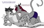 anthro belly belly_lick big_belly clothing dialogue duo licking male male/male multi_eye nude pregnant pregnant_anthro pregnant_male reclining text tongue tongue_out underwear xana7274 raxis_(xana7274) zane_(xana7274) canid canine canis demon felid jackal mammal pantherine snow_leopard english_text