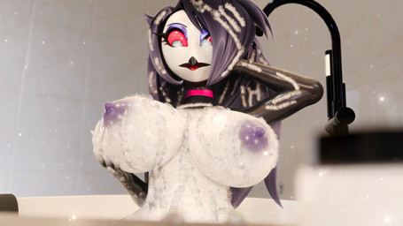 anthro areola bath bathing bathroom beak big_breasts blurred_foreground breasts choker eyeshadow feathers female foam glistening glistening_body hair holding_breast huge_breasts inside jewelry long_hair makeup necklace nipples non-mammal_breasts non-mammal_nipples open_mouth particles purple_areola purple_eyeshadow purple_hair purple_nipples red_choker red_jewelry red_necklace red_sclera soap_bubbles solo tile tile_wall wall_(structure) wet wet_body wet_feathers white_body white_eyes white_feathers mrs_dexie samzan_(modeler) hellaverse helluva_boss octavia_(helluva_boss) avian bird owl 16:9 2026 3d_(artwork) absurd_res digital_media_(artwork) hi_res widescreen