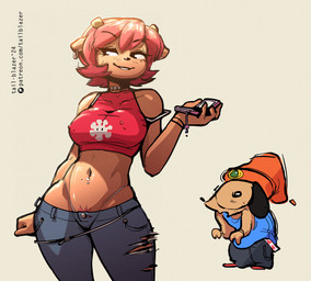anthro barbell_piercing big_breasts bottomwear breasts clothing duo ear_piercing ear_ring electronics erect_nipples eyelashes female hair hat headgear headwear holding_object holding_phone long_eyelashes looking_aside male navel navel_piercing nipple_outline nipple_piercing nipples open_mouth pants phone piercing piercing_outline pink_hair pube_peek pubes red_clothing red_topwear ring_piercing shirt simple_background smile thong_straps topwear underwear tail-blazer parappa_the_rapper sony_corporation sony_interactive_entertainment um_jammer_lammy lammy_lamb parappa bovid caprine mammal sheep 2024 digital_media_(artwork)