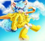 4_fingers anthro black_nose blue_eyes blue_hair blush boots bottomless clothed clothing cloud coat ear_tuft fingers footwear fur hair kemono looking_at_viewer male open_mouth outside rainboots rainbow raincoat shoes sky smile solo teeth tongue topwear tuft umbrella white_body white_fur yellow_raincoat u_q_ya tel-kun mammal