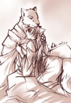 anthro blush cuddling duo eyes_closed female male male/female romantic romantic_couple tail kubikitsune kubikitsune_(character) rudolf_(kubikitsune) canid canine canis domestic_dog fox mammal monochrome