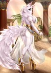 anthro clothing ear_piercing ear_ring egyptian female footwear fur high_heels jewelry light piercing ring_piercing shoes solo sunlight translucent translucent_clothing white_body white_fur naryumi_(artist) dolce_vita domestic_cat felid feline felis mammal hi_res