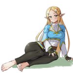 blonde_hair blush bottomwear breasts clothed clothing female hair humanoid_pointy_ears not_furry pants pointy_ears simple_background solo white_background monbetsu_kuniharu breath_of_the_wild nintendo the_legend_of_zelda princess_zelda humanoid hylian 1:1