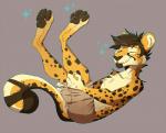 anthro barefoot biped black_hair black_pawpads clothed clothing eyes_closed feet fur grey_background hair male markings pawpads simple_background smile solo spots spotted_body spotted_fur topless yellow_body yellow_fur poisoned_(artist) cheetah felid feline mammal digital_media_(artwork)