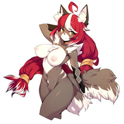 ahoge anthro areola armwear big_tail bottomless breasts brown_body choker clothed clothing female female_anthro fur genitals hair hand_behind_head innie_vulva jewelry kemono multicolored_body multicolored_fur multicolored_hair necklace nipples ponytail red_hair serious solo tail vulva white_body white_hair yellow_eyes slugbox kalia_(kaggy1) canid canine canis mammal wolf 1:1 2022 absurd_res hi_res