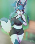 anthro anthrofied athletic_wear big_breasts blue_body bodily_fluids bottomwear breasts clothed clothing female gym_bottomwear gym_shorts hair jogging jogging_outfit jogging_pants open_mouth pokemorph shorts simple_background solo sweat sweatdrop sweaty_legs sweaty_thighs tail topwear nachan glaceon_day nintendo pokemon canid eeveelution generation_4_pokemon glaceon mammal pokemon_(species) digital_media_(artwork) hi_res