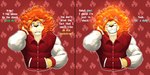 anthro black_nose blush clothed clothing fur hair jacket letterman_jacket looking_at_viewer male muscular muscular_male simple_background smile solo text topwear titandraugen lovers_of_aether rivals_of_aether zetterburn felid lion mammal pantherine digital_media_(artwork) english_text