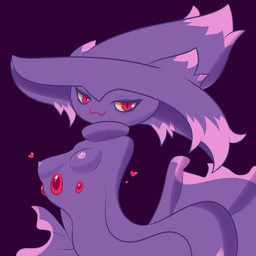 areola breasts clothing female hat headgear headwear heart_symbol looking_at_viewer nipples not_furry pokemorph purple_background purple_body red_eyes simple_background smile solo yellow_sclera jcdr nintendo pokemon generation_4_pokemon ghost humanoid mismagius pokemon_(species) spirit 1:1 2016 digital_media_(artwork) hi_res